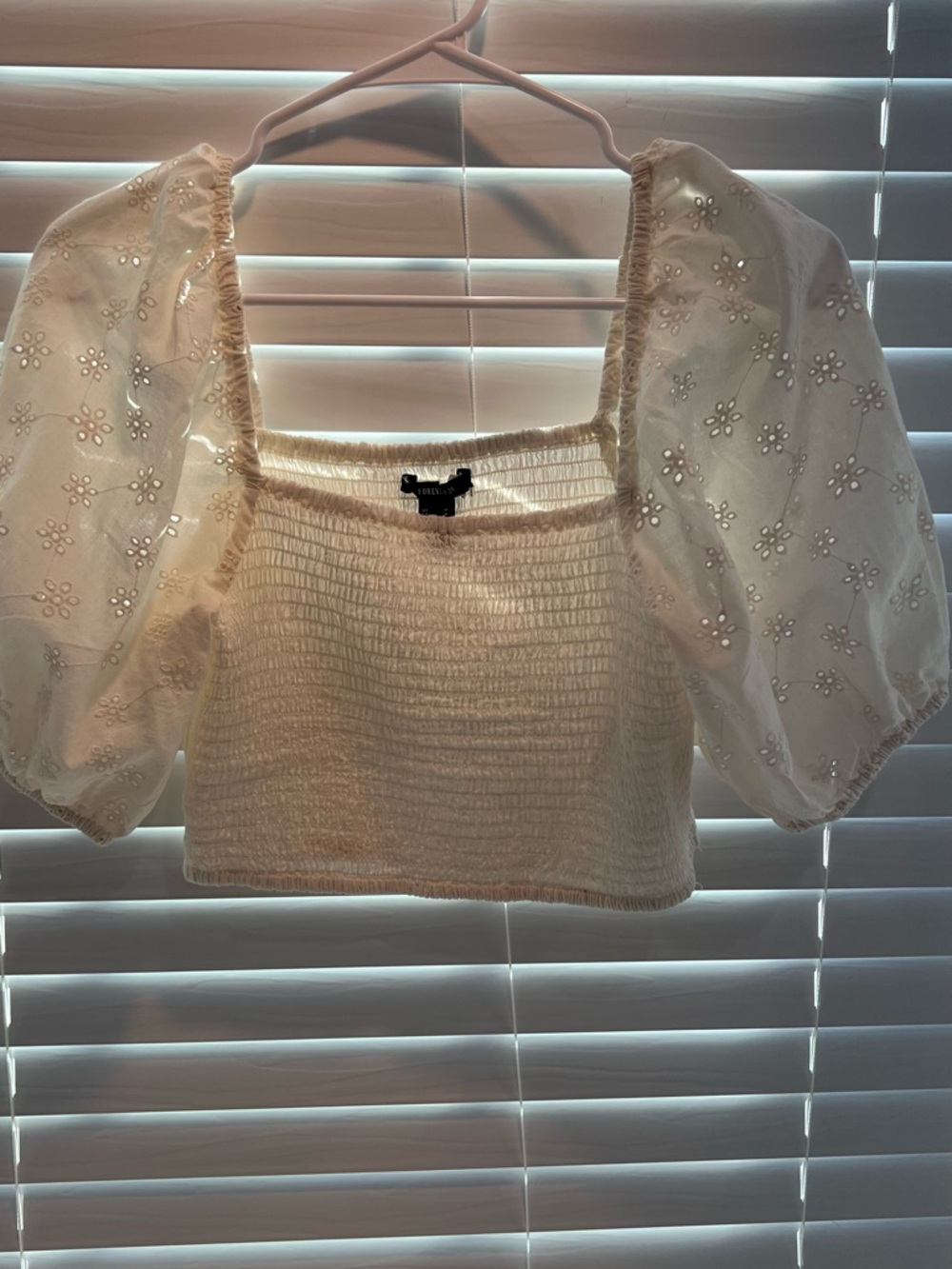 Forever 21 Cream Smocked Crop Top with Embroidered Puff Sleeves